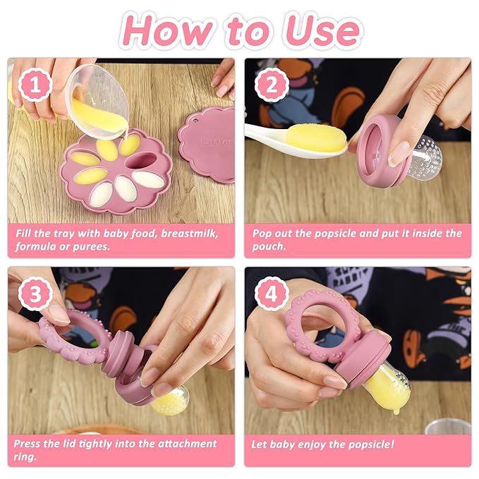 Baby Fruit Food Feeder & Mini Popsicle Ice Tray Set, BPA Free Silicone Baby Feeder for Safe Solid Food Feeding, Breastmilk Popsicle Molds for Cooling Relief, 4 Month+ (Lilac)