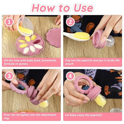 Baby Fruit Food Feeder & Mini Popsicle Ice Tray Set, BPA Free Silicone Baby Feeder for Safe Solid Food Feeding, Breastmilk Popsicle Molds for Cooling Relief, 4 Month+ (Lilac)