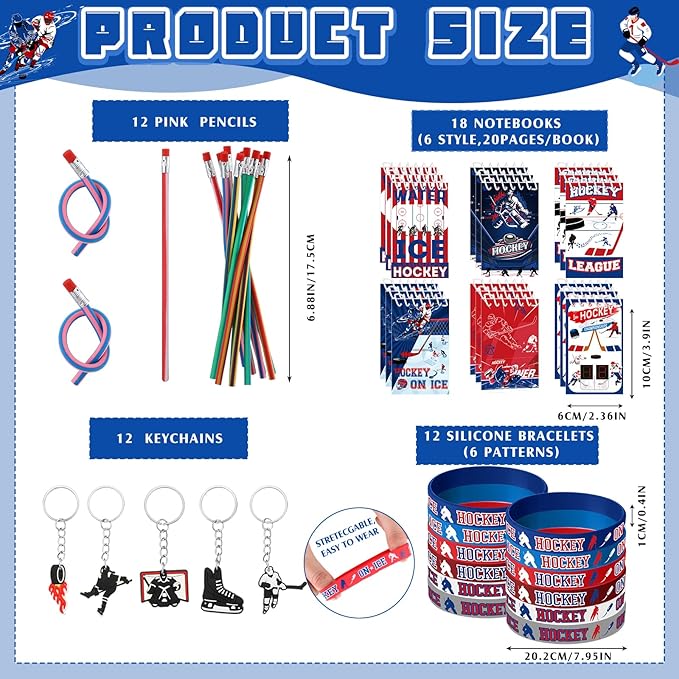 Paterr 102 Pcs Hockey Party Favor Supplies Set Include Hockey Drawstring Bags Silicone Bracelets Badge Buttons Spiral Notebooks Hockey Pencils and Erasers Bookmarks and Stickers for Hockey Gifts