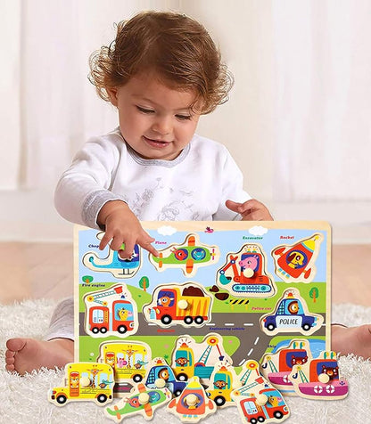 Wooden Peg Puzzles for Toddlers 2 3 4 Years Old, Kids Educational Preeschool Peg Puzzles Toy, 3 Pcs Toddler Puzzles Set - Traffic, Animals and Ocean, Great Gift for Girls and Boys (First Edition)