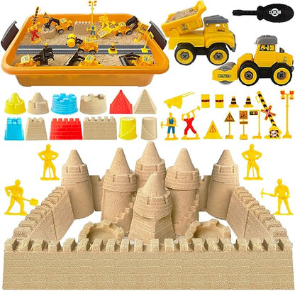 34 PCS Play Sand Construction Sensory Bin Set,2.2 lbs Magical Sand,2 Take Apart 6 Undetachable Construction Trucks Toys,Castle Molds,Road Signs,Sensory Sandbox with Lid for Kids Boys Girls Aged 3+