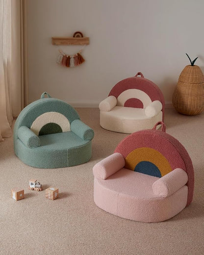 Blissful Diary Toddler Chair Comfy, Foam Kids Chair with Soft Teddy Plush, Toddler Reading Armchair with Cute Rainbow Designs- Light Cream