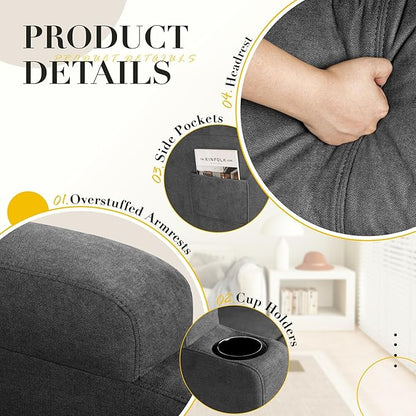 Recliner Chair, 360° Swivel Rocker Chair for Adults, Rocking Recliner Chair with Massage, Comfy Single Sofa with Side Pockets Cup Holders for Living Room, Bedroom, Nursery (Fabric, Gray)