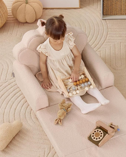 Blissful Diary Kids Couch, 2-in-1 Soft Toddler Couch Fold Out, Toddler Chair Comfy, Convertible Sofa to Lounger with Cute Shell Designs, Beige