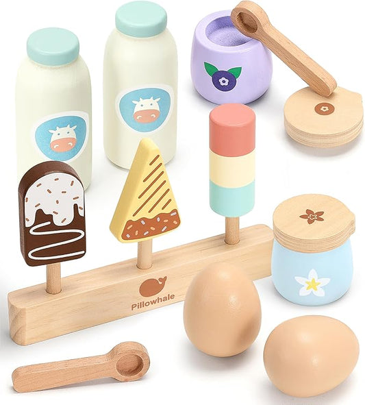 Pillowahle Wooden Play Food for Toddler 3+ Year Old, Kid Toy Food, Pretend Food with Milk Yogurt Egg Ice Cream Toy, Kids Play Kitchen Accessories, Gift for Boys Girls