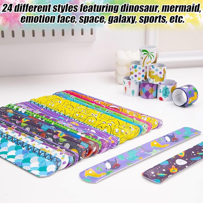 AMOR PRESENT Slap Bracelets Bulk, 48PCS Snap Bracelets for Kids Tie Dye Wrist Band Mermaid Sports for Party Favors Carnival Prizes Goodie Bags Groove Party