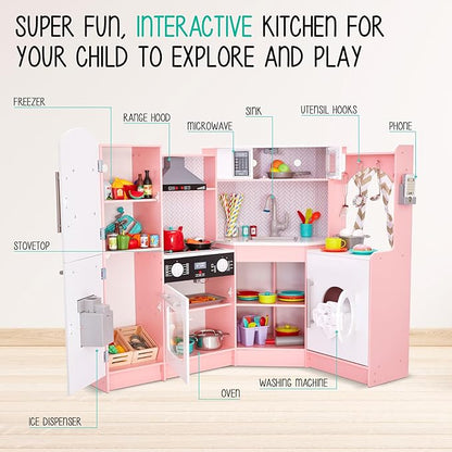Lil' Jumbl Kids Corner Kitchen Set, Pretend Wooden Deluxe Play Kitchen, Battery Operated Icemaker, Stovetop & Faucet with Realistic Sound - Pink