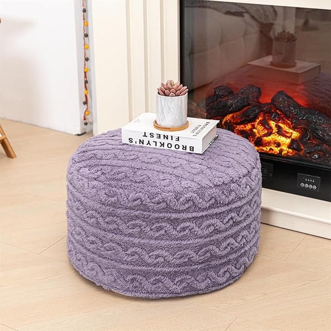 Pouf Ottoman Stuffed 20x20x12 Inches Floor Pouf Plush Fiber Ottoman Foot Rest Under Desk Foot Stool for Living Room Bedroom (Purple Pouf with Filler)