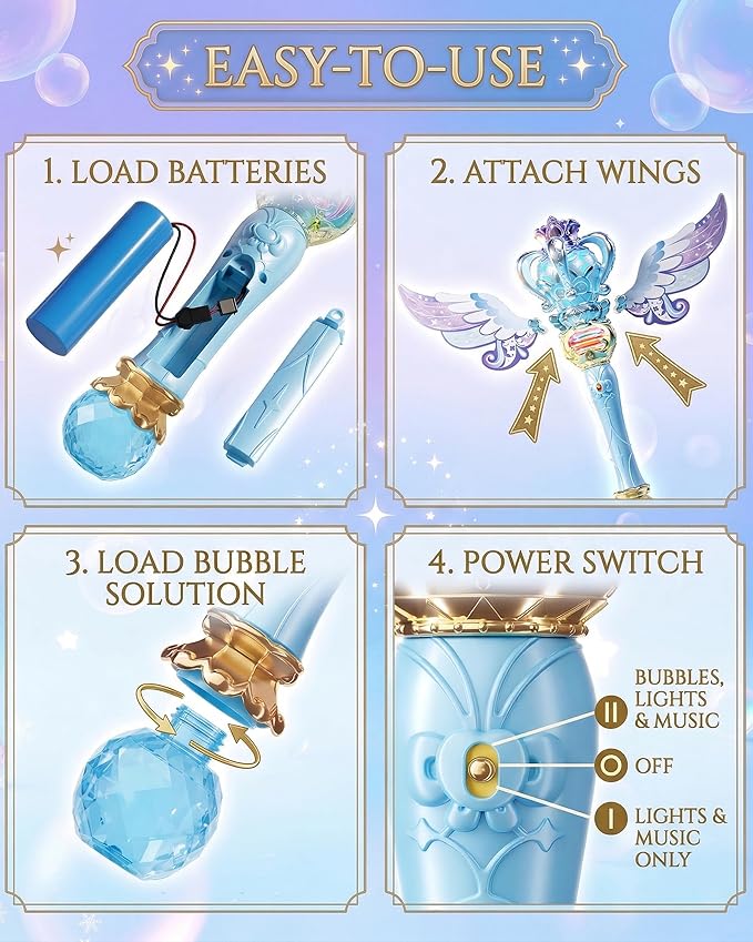 Uregoio Princess Bubble Wands Machine for Kids with Rotating Design, Outdoor Bubble Maker Toys for Kids Ages 4-8, Rechargeable Light Up & Music Fairy Wands, Party Birthday for 3+ Year Old Girls(Blue)