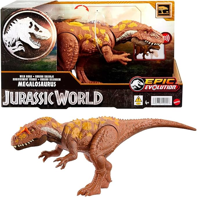 Mattel Jurassic World Wild Roar Dinosaur Toy with Sound & Attack Move, Megalosaurus Posable Action Figure Includes Digital Play, 11 inches Long