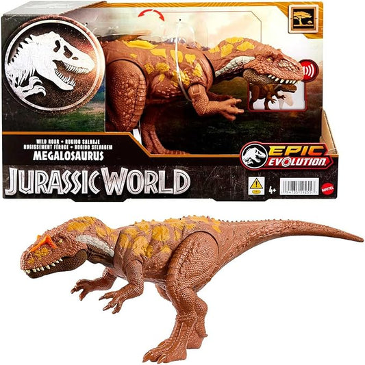 Mattel Jurassic World Wild Roar Dinosaur Toy with Sound & Attack Move, Megalosaurus Posable Action Figure Includes Digital Play, 11 inches Long
