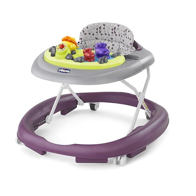 Chicco Walky Talky Foldable Baby Walker, Multilingual Play Tray with Music and Lights, 3 Height Adjustments, Brake Pads, for Children up to 26 lbs., Compact Fold, Flora/Purple/Grey