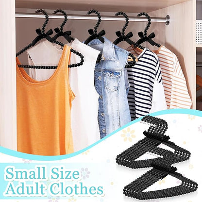 Threan Pearl Beaded Clothes Hanger Mini Pearl Beads Small Metal Clothes Hangers with Ribbon Standard for Kids Baby Children Pet Dog(Black,12 Pcs)