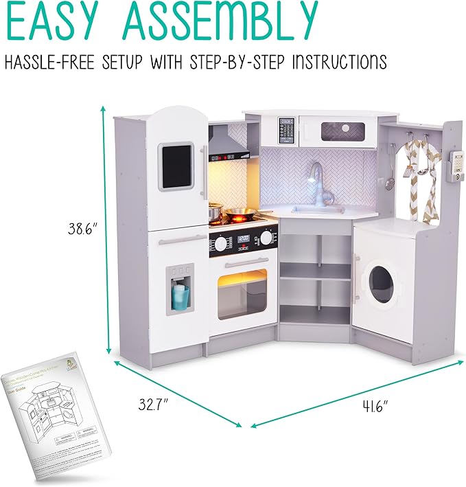Lil' Jumbl Kids Corner Kitchen Set, Pretend Wooden Deluxe Play Kitchen, Battery Operated Icemaker, Stovetop & Faucet with Realistic Sound - Grey