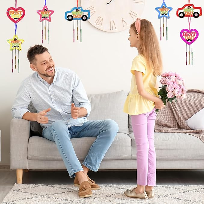 Fennoral 9 Pack DaD Wind Chime Kit for Kids Make You Own Fathers Day Craft DIY Coloring Wooden Father's Day Art and Craft for Art Activity Dad Birthday Decoration Dad Gifts from Daughter Son