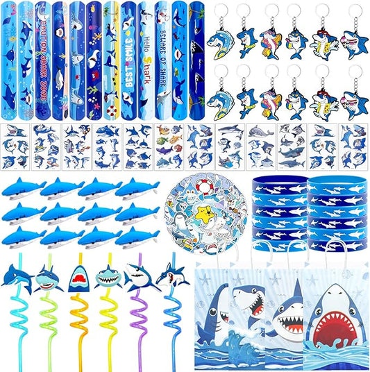 134 Pcs Shark Party Favors with Shark Straws Shark Bracelets Wristbands Tattoo Stickers Erasers Keychains Goodie Bags Under the Sea Party Favors Shark Birthday Party Decorations