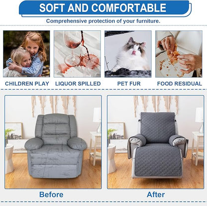 100% Waterproof Recliner Covers for Small Recliners, Anti-Slip Recliner Chair Covers with 5 Pockets, Elastic Straps, Washable Recliner Protector for Kids, Pets, Dogs, Grey