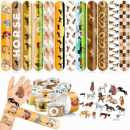 48PCS Horse Party Favors - 24 Tattoos & 24 Slap Bracelets, Perfect for Horse-Themed Birthdays, School Prizes, and Christmas Rewards for Kids