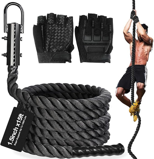 Climbing Rope Gym Workout - 1.5 Inch Dia 10FT 15FT 20FT 25FT 30FT 35FT 40FT 50FT Heavy Duty Work Out Rope Exercise Climbing Ropes for Adults Kids Fitness & Strength Training Outdoor & Indoor - Black