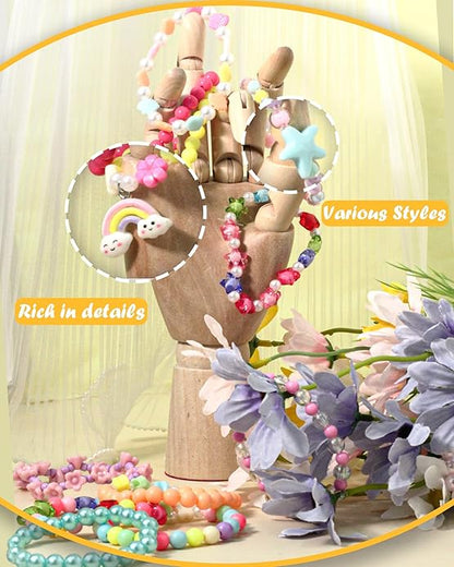 60 pcs Colorful Kids Friendship Bracelet Sets, Stackable Elastic Cute Beaded Bracelets Princess Pretend Play Bracelet Preppy Bracelets Bulk Set for Women Gift