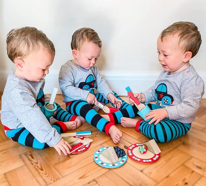 Bigjigs Toys Role Play Dinner Service Tea Set - Kids Tea Set with Toddler Cutlery, Toy Kitchen Accessories for Wooden Play Kitchen, Toy Plates and Cutlery Set