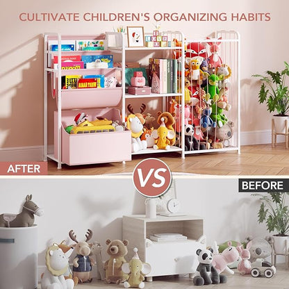 BBLIKE 3in1 Stuffed Animal Storage Organizer - Toy Storage with Kids Bookshelf & Large Plushies Holder for Kids Room - Multi-Functional Furniture for Nursery, Bedroom, and Playroom, Pink