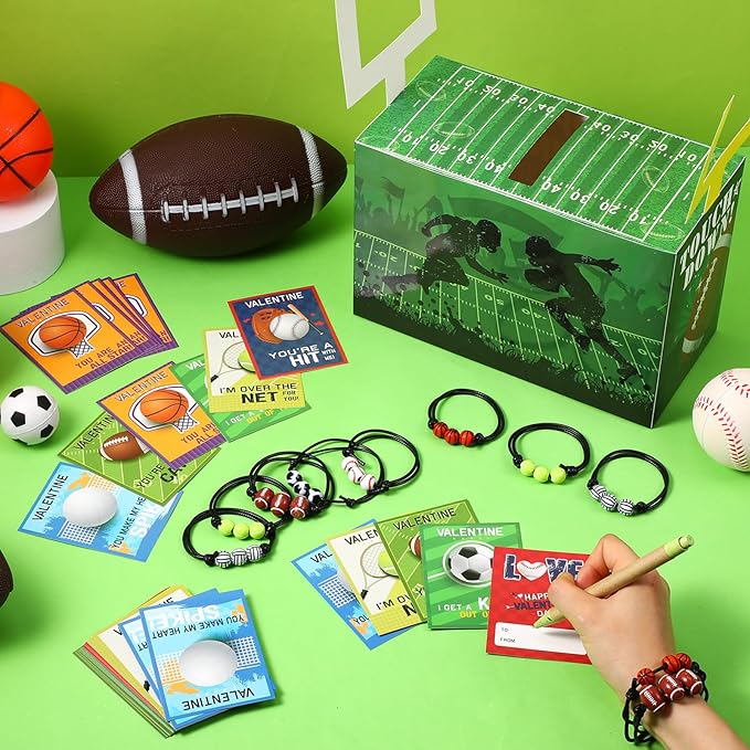 Capoda 36 Pack Valentines Day Sports Gift Set and Valentines Boxes Sports Valentine's Day Cards Adjustable Sport Party Charm Bracelet for Classroom Exchange Prizes Class Party Favors