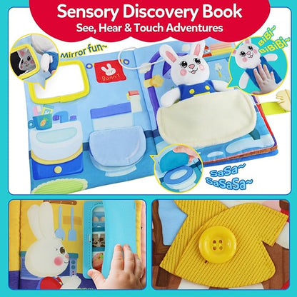 Busy Book for Toddlers 1-3, Montessori Quiet Book with 12 Activities and Attached Bunny, Soft Toddler Busy Board for Fine Motor Skills, Travel Toy Gift for 1+ Year Old Boys Girls