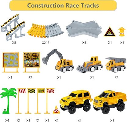 Kids Toys 253 PCS Construction Race Tracks Toy for 3 4 5 6 7 8 Year Old Boys Girls, 5 PCS Construction Truck Car and Flexible Track Play Set Create A Engineering Road Games Toddler Toys Birthday Gifts