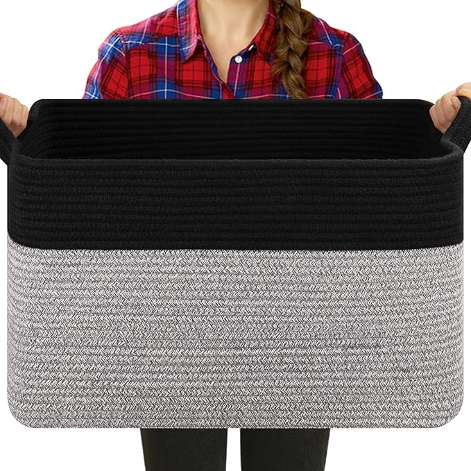 OIASKET Blanket Basket for Living Room, Woven Cotton Rope Basket for Storage Clothes, Towels, Pillows, Toy Storage Bin for kids with Handles, 20" x 16" x 12", Black and Grey