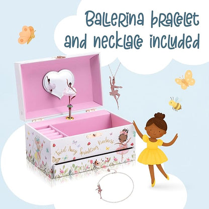 The Memory Building Co Black Ballerina Musical Jewelry Box Plays Classic Melody, Storage Organizer Music Box for Kids Ages 6-12 MDF Wood w/ 2 Fabric Lined Ring Bracelet Necklace Treasure Compartments