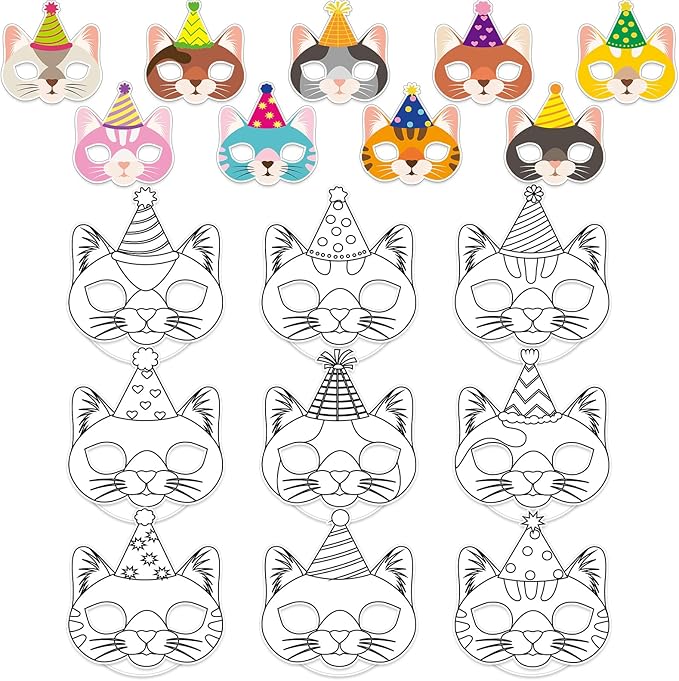 Lonfliness 36 Set Cat Coloring Mask Animal Paper Arts Crafts Kids Color Your Own Birthday Cat Blank DIY Mask Masquerade Birthday Party Dress-Up Decoration Favor School Classroom Activity Game Supplies