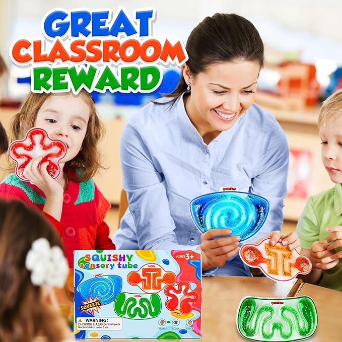 Squishy Sensory Toys for Kids - 4 Pack Fidget Toy Sensory Maze for Autism - Stress Relief Toys for Calm Down - Squeeze Fidget Toy Filled Goo, Glitter, Prizes for Kids Classroom, Goodie Bags Stuffers