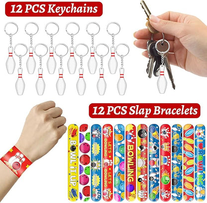 110 Pcs Bowling Party Favors, Bowling Party Favors Bags Temporary Tattoos Slap Bracelets Keychains Stickers Ballpoint Pen for Bowling Birthday Party Decorations Gifts for Kids Classroom Rewards
