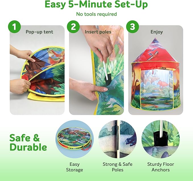 W&O Dinosaur Discovery Kids Tent with Roar Button, Dinosaur Toys and LED Lights - Epic Pop Up Tent for Boys & Girls - Perfect for Indoor & Outdoor Adventures