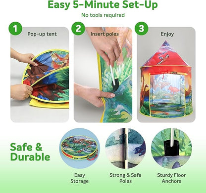 W&O Dinosaur Discovery Kids Tent with Roar Button, Dinosaur Toys and LED Lights - Epic Pop Up Tent for Boys & Girls - Perfect for Indoor & Outdoor Adventures