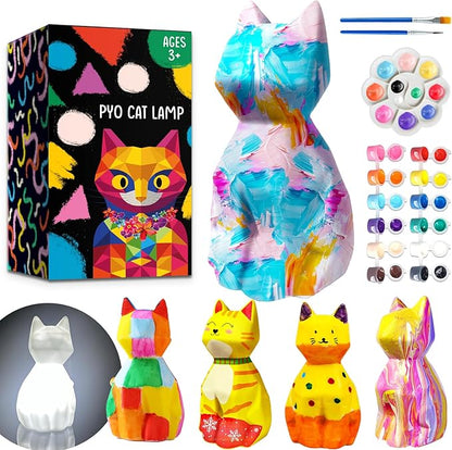 FUNZBO 4.3in Paint Your Own Cat Lamp Kit - Arts and Crafts Supplies Kitten Painting Kits for Kids Teens, DIY Night Light Toy for Toddler Girl Boy Ages 3 4 5 6 7 8 9 10 11 12 13+ Birthday Easter Gift