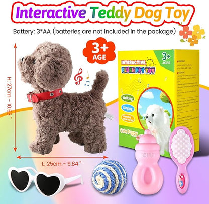 Teddy Walking Barking Dog Toy Singing Puppy Set, Repeat What You Say Teddy with Control Leash Electronic Dog, Touch or Voice Control Realistic Robot Musical Dancing Animated Plush Pet for Toddler