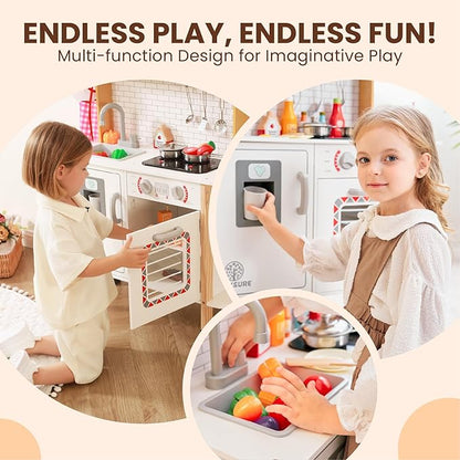 Play Kitchen for Kids - Toy Kitchen Set for Toddlers with Realistic Lights and Sounds, Kids Kitchen Playset with Abundant Toy Food Set, Best Gift for Kids Ages 3+