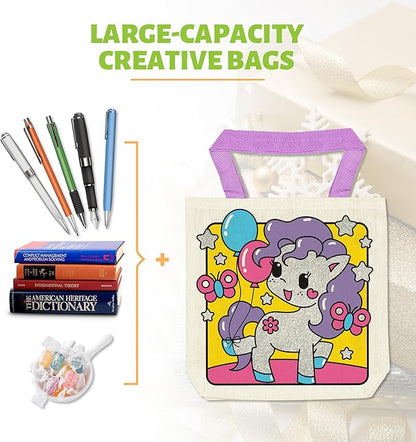 12 Pieces Kids Coloring Goodie Bags, Reusable Canvas Bag, Cute Art Party Favors, Color Your Own Bags for DIY Painting Birthday Carnival Celebration, Party Supplies Gift, Girls