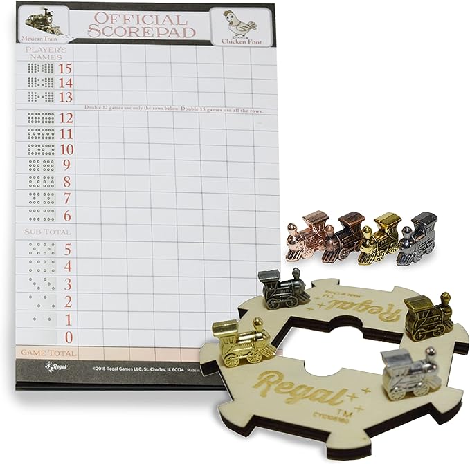 Regal Games Mexican Train Domino Expansion Set - 8 Metal Marker Trains with Unique Finishes - Replacement Wooden Hub - Scoresheet