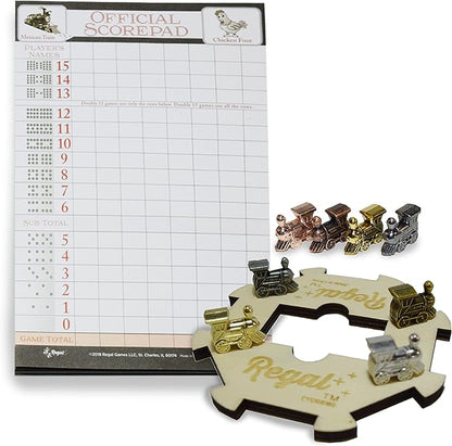 Regal Games Mexican Train Domino Expansion Set - 8 Metal Marker Trains with Unique Finishes - Replacement Wooden Hub - Scoresheet