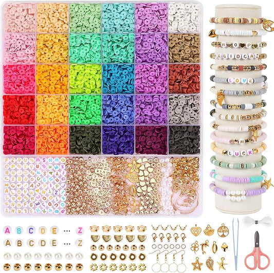 QUEFE 8200pcs Clay Beads Bracelet Making Kit, 30 Colors Flat Preppy for Friendship Bracelets, Polymer Heishi Beads with Charms for Jewelry Making, Holiday Crafts Gift for Teen Girls Adults