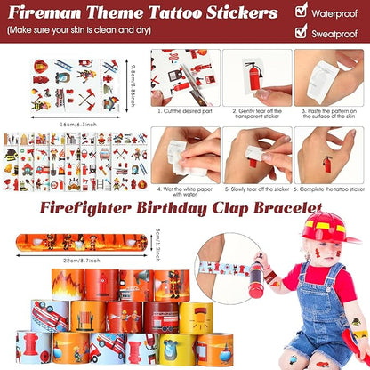 HyDren 211 Pcs Firefighter Party Favors Included Gift Cup Straw Keychain Slap Bracelet Mini Truck Sticker Stamper Card Tattoo Sticker Shovel Sticker Tag Cable Tie For Birthday Gift Prize