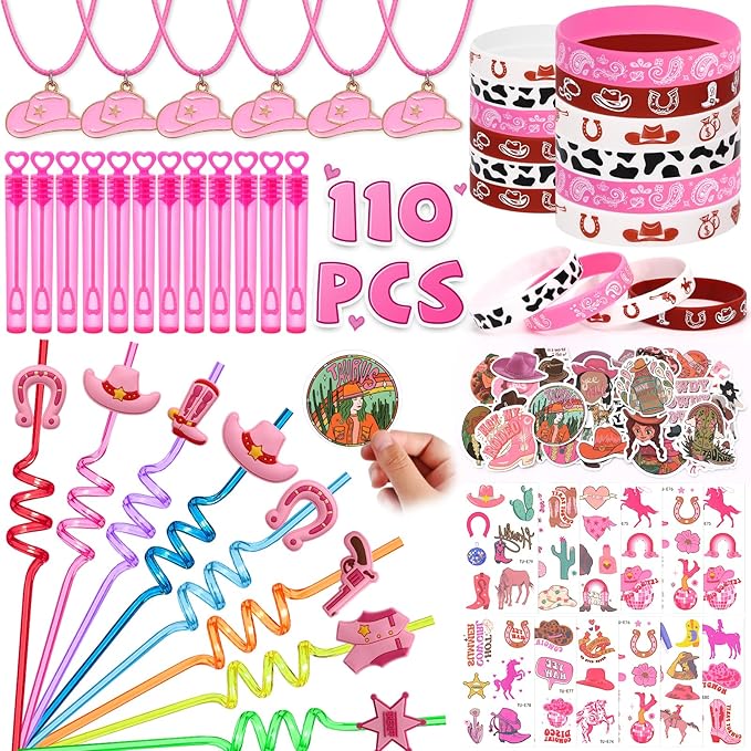 110Pcs Cowgirl Party Favors Hot Pink Princess Birthday Supplies for Girls, Cowgirl Straws Necklace Bubble Wands Silicone Bracelet Western Tattoo Stickers Rodeo Hot Pink Horse Party Favors