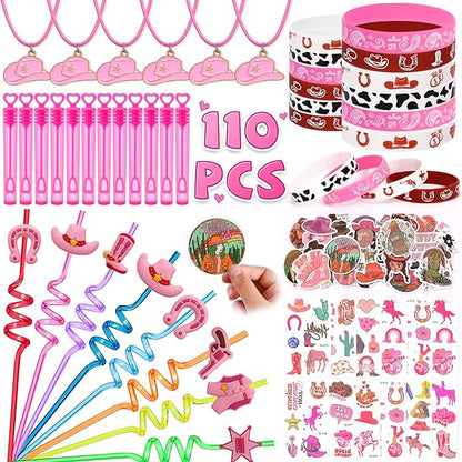 110Pcs Cowgirl Party Favors Hot Pink Princess Birthday Supplies for Girls, Cowgirl Straws Necklace Bubble Wands Silicone Bracelet Western Tattoo Stickers Rodeo Hot Pink Horse Party Favors