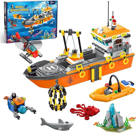City Ocean Explorer Ship Building Set, Fun Toy Exploration Boat Building Block Kit with LED Lights,Helicopter, Submarine,and Shark Cage, Birthday Gifts for 6 8 10 12 Years Old Boys Girls Kids