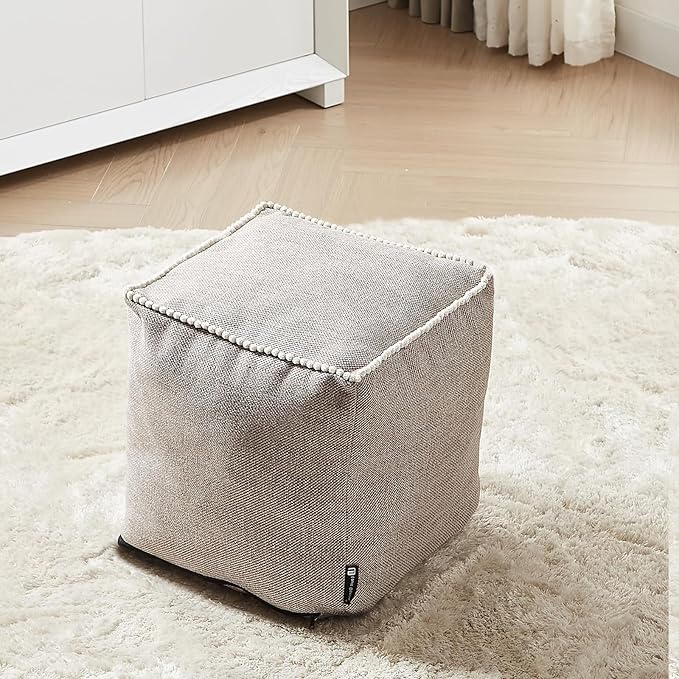 Louis Donné Unstuffed Pouf Ottoman Cover Footstool Square Poofy Ottomans for Storage Foot Rest Floor Cushion Cotton Fabric Decorative for Replacement with Pom Trim Lace 45x45(Only Cover)