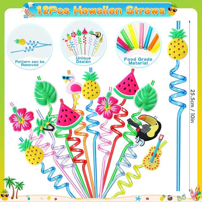 122Pcs Hawaiian Party Favors Summer Pool Beach Birthday Party Supplies Straw Stamp Bracelet Tattoo Sticker Keychain Pinata Goodie Bag Toy Gift Prize Filler Stuffer Kids Tropical Luau Party Supplies