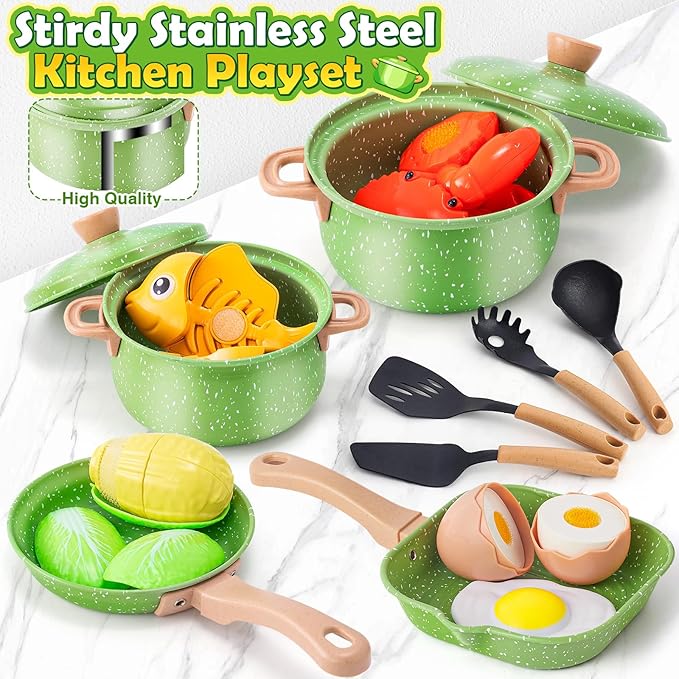 Play Kitchen Accessories Play Food Set for Kids, Stainless Steel Pots and Pans Cooking Set for Toddlers Pretend Food Toys, Kitchen Playset for Kids Ages 4-8 Birthday for Boys and Girls